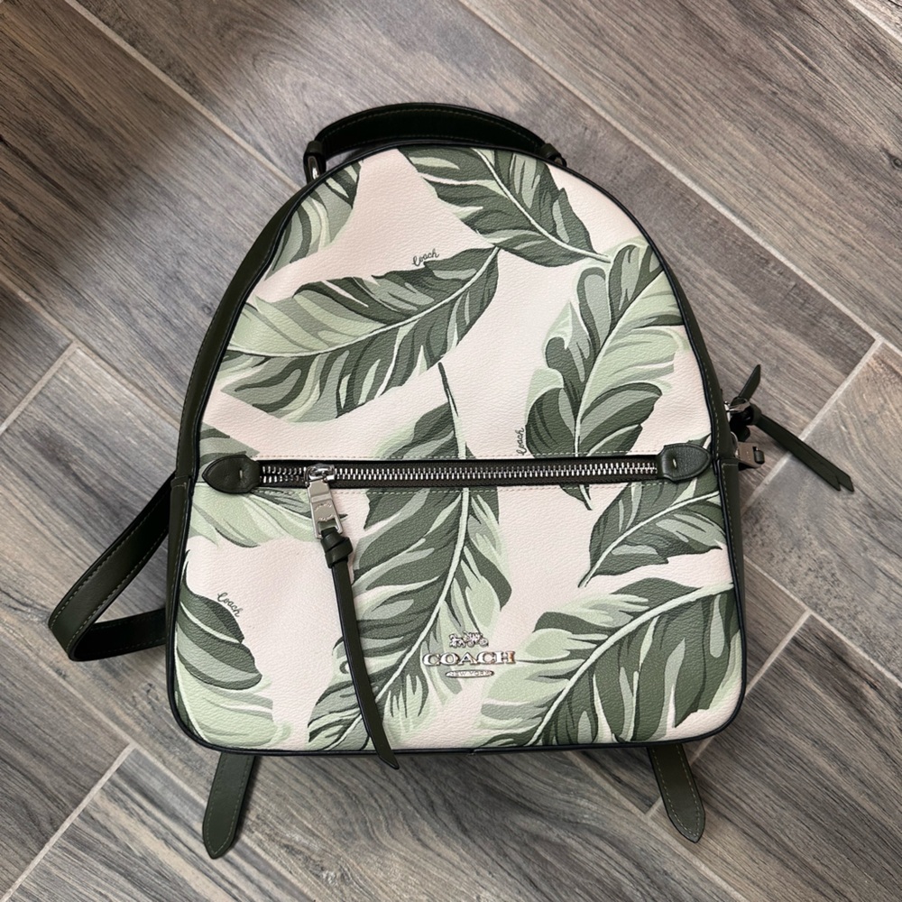 Coach White and Green Leaf Print Backpack